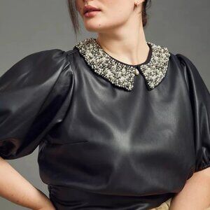 Anthropologie Maeve Faux Leather Puff-Sleeve Blouse XL